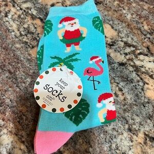 Christmas Socks with A Palm Tree, Flamingo with a hat & Santa with a inner tube